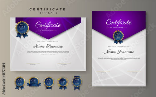 Purple violet and gold certificate of achievement border template with luxury badge and modern line pattern. For award, business, cosmetic, beauty product and education needs