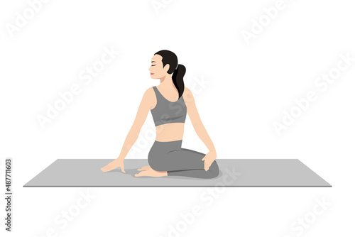 Revolved Thunderbolt Pose. Beautiful girl practice Parivrtta Vajrasana. Young attractive woman practicing yoga exercise. working out, black wearing sportswear, grey pants and top, indoor full length