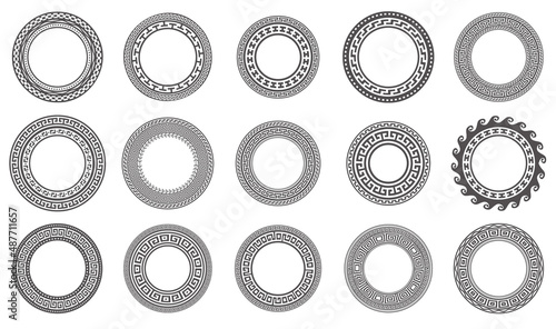 Circle greek frames. Round meander borders. Decoration elements patterns. Vector illustration isolated on white background.