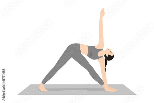 Triangle Pose Hand In Front. Beautiful girl practice Trikonasana Hand In Front. Young attractive woman practicing yoga exercise. working out, black wearing sportswear, grey pants and top, indoor full