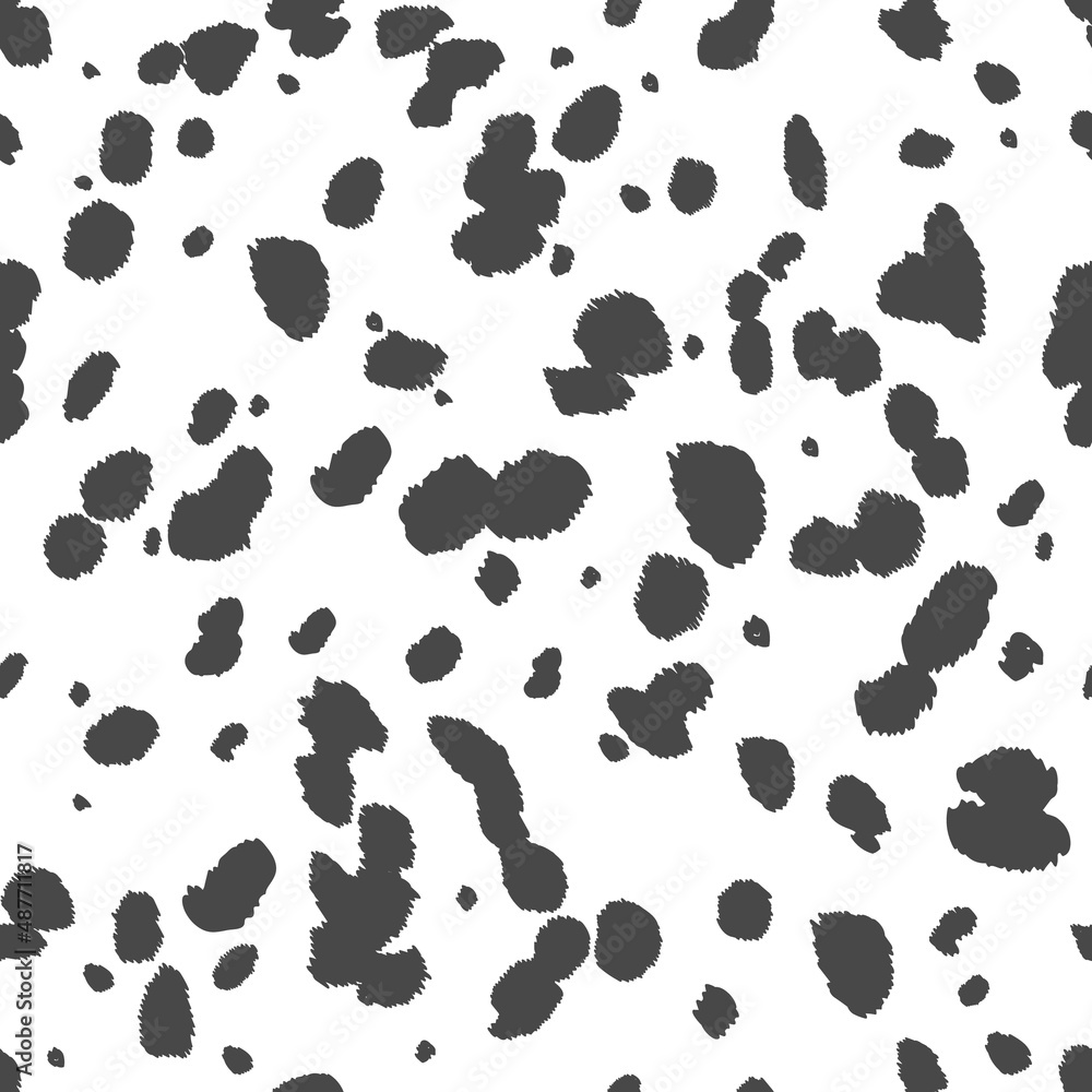Obraz premium Dalmatian seamless pattern. Animal skin print. Dog and cow black dots on white background. Vector