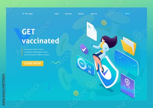 Modern isometry. 3D illustration of a young nurse with protection. Time for vaccination, Online registration. Landing Page Concept