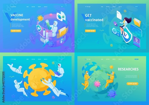 Modern isometric. Set of 3D illustration landing pages. Scientists study coronavirus and develop a vaccine