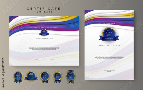 Modern blue and pink red technology certificate of achievement border template with luxury badge and modern line pattern. For award, business, and education needs