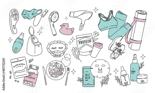 美容家電・スキンケア のベクターイラスト素材　Beauty Products motifs vector line illustrations. 