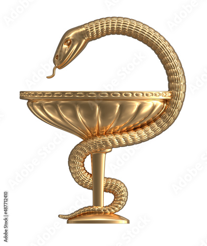 Bowl and snake, medical symbol. Golden Bowl of Hygieia, pharmaceutical symbol. 3d illustration, isolated on white background. Bowl of Hygieia is one of the symbols of pharmacy.