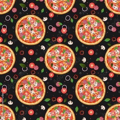 Pizza Pattern. Flat vector illustration. Pizzeria background. 