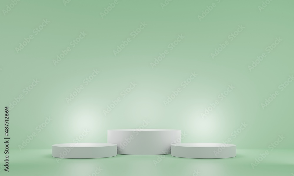 white pedestal for display on green background. Empty product stand with a geometrical shape. minimal style. 3d render. white pedestal for display on green background. Empty product stand with a geometrical shape. minimal style. 3d render.
