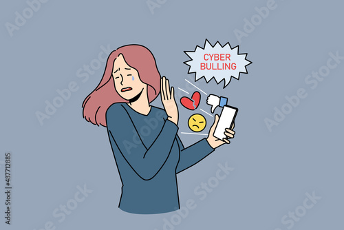 Cyber bullying and online crime concept. Stressed crying girl standing and trying not to look at smartphone with dislikes and negative information vector illustration 