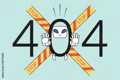 Error and emergency sign in laptop concept. 404 numbers and stop emergency sign with robot denying with hands meaning having problem error virus in laptop computer vector illustration 