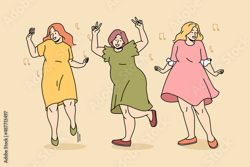 Body positive and lifestyle concept. Group of happy cheerful young women plus size obsolete dancing having fun enjoying life together vector illustration 