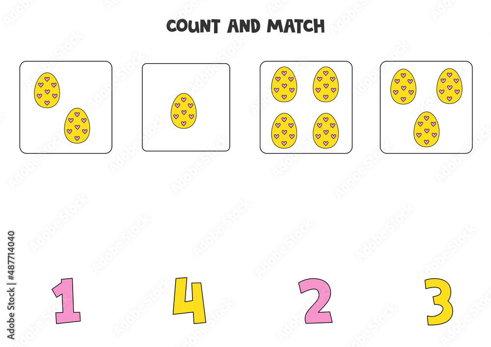 Counting game for kids. Count all Easter eggs and match with numbers. Worksheet for children. Counting game for kids. Count all Easter eggs and match with numbers. Worksheet for children.