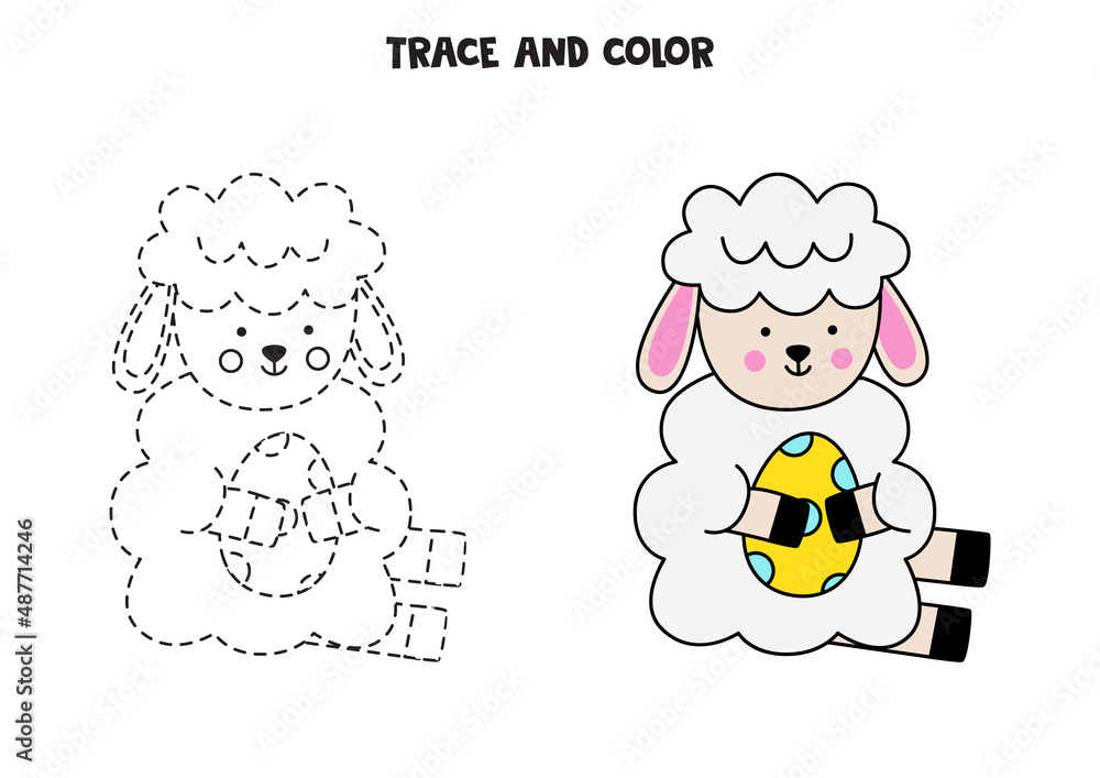 Fototapeta premium Trace and color cute Easter sheep. Worksheet for children.