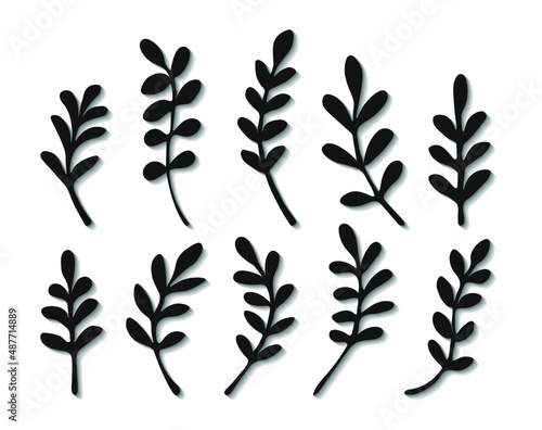 Collection of black branches in doodle style with shadow.