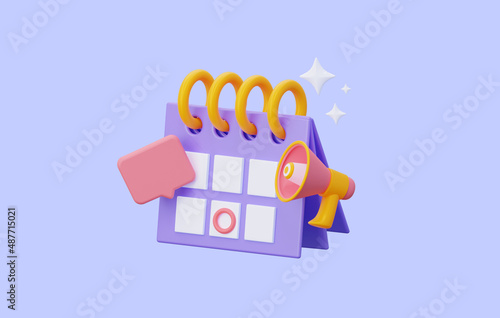 3d time clock icon with calendar with loudspeaker and speach bubble. 3d rendering