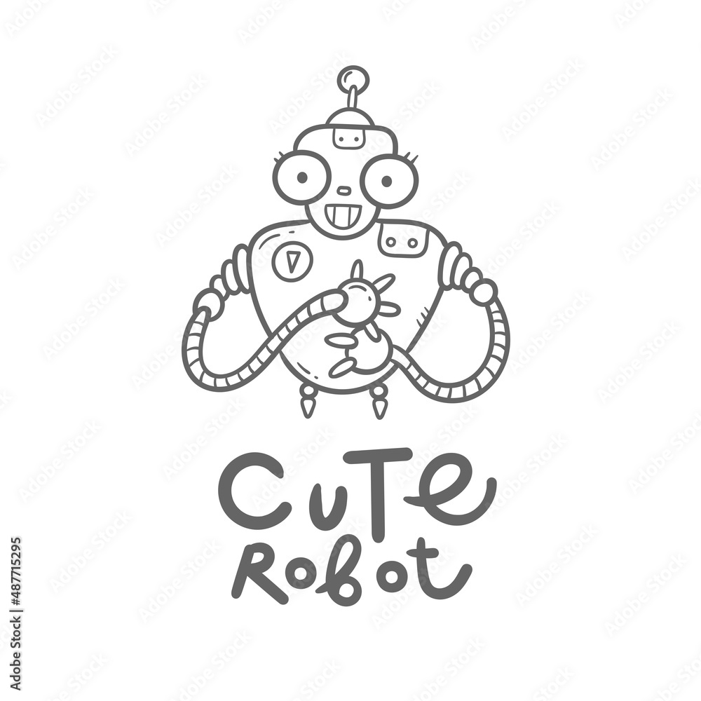 Vector card with  cute cartoon robot. Funny doodle character. Illustration for children.