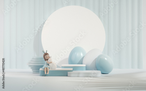 Easter eggs podium with 3d render vector in pastel blue scene background. Easter day with geometry platform for product display. Stand to show cosmetic products. Stage showcase on pedestal display. 