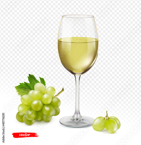 The glass of wine and grape isolated on transparent background. Realistic vector illustration.