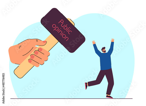 Tiny man running from huge hand with hammer as symbol of society. People with negative opinion attacking person flat vector illustration. Public opinion, conflict, communication concept for banner