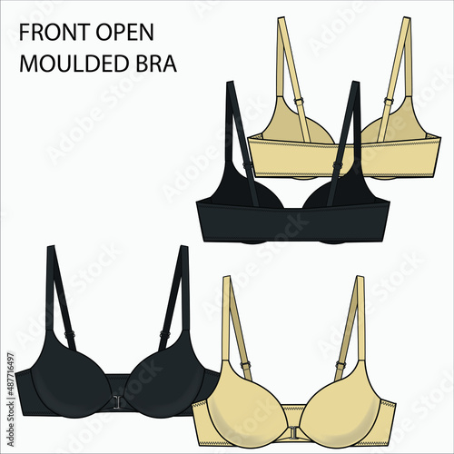 Technical Sketch of FRONT OPEN MOULDED BRA in beige and black color fashion flat editable vector sketch.