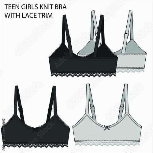 Technical Sketch of TEEN KNIT BRA WITH LACE TRIM in black and grey color fashion flat editable vector sketch