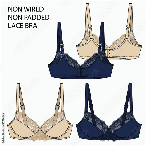 Technical Sketch of NON WIRED NON PADDED LACE BRA in beige and black color fashion flat editable vector sketch