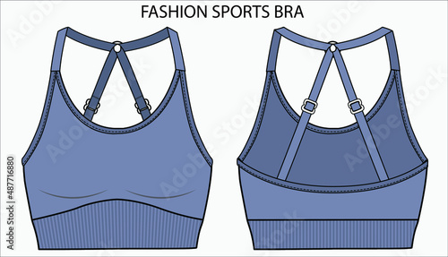 Fotografie Technical Sketch of HALTER NECK  STRAPY SPORTS BRA in editable vector file