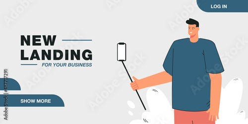 Male cartoon character holding phone on selfie stick. Man taking photo of himself flat vector illustration. Technology, selfie, social media concept for banner, website design or landing web page