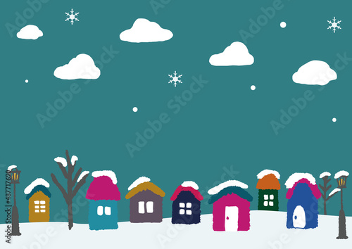 雪の景色の家　街　手書き風　