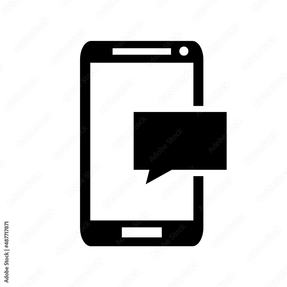 Mobile phone icon with text message. Speech bubble sms and communication flat white background Mobile phone icon with text message. Speech bubble sms and communication flat white background