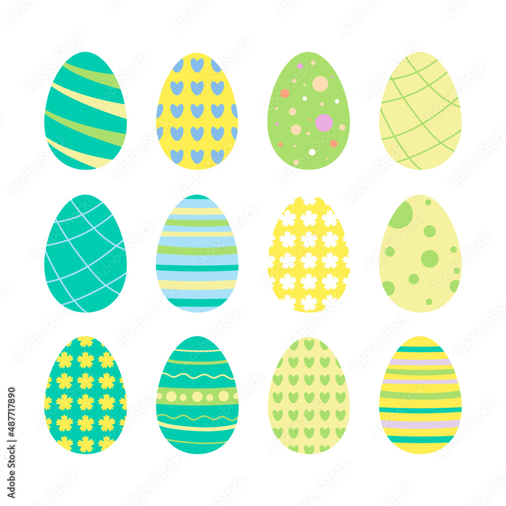 Happy easter background with color eggs. Greeting card with lettering. Flat template