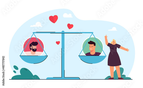 Tiny cartoon woman choosing between two men. Scales with male character icons flat vector illustration. Love, romance, relationship, choice concept for banner, website design or landing page