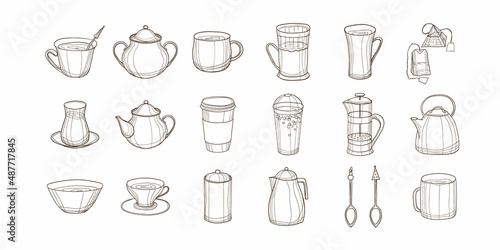 Hand-drawn vector set illustration of items for tea and coffee. With black circuit without fill on white background