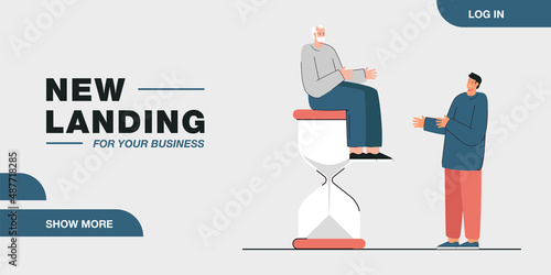 Young man talking to elderly person sitting on hourglass. Son and old father flat vector illustration. Age, lifetime, generation, communication, time concept for banner, website design or landing page
