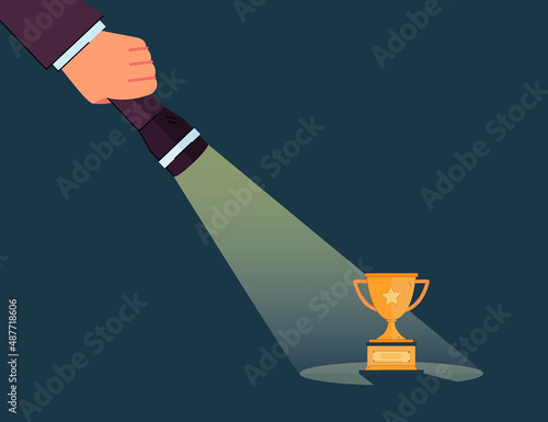 Hand of manager or employee with flashlight showing gold cup. Golden trophy or prize in spotlight flat vector illustration. Success, career concept for banner, website design or landing web page
