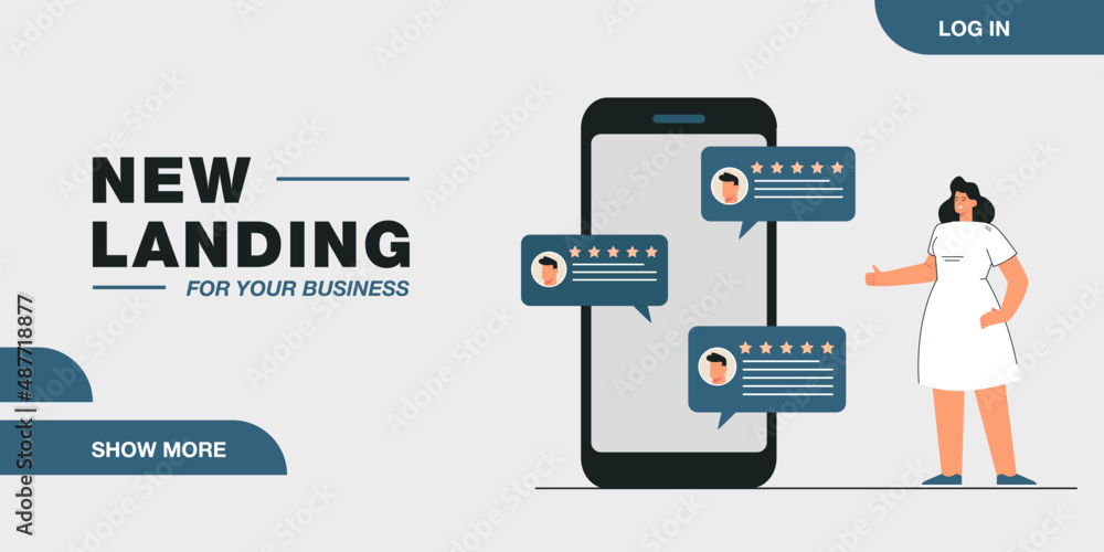 Winking woman reading positive reviews on huge phone. App with five star ratings flat vector illustration. Customer feedback, communication concept for banner, website design or landing web page Winking woman reading positive reviews on huge phone. App with five star ratings flat vector illustration. Customer feedback, communication concept for banner, website design or landing web page