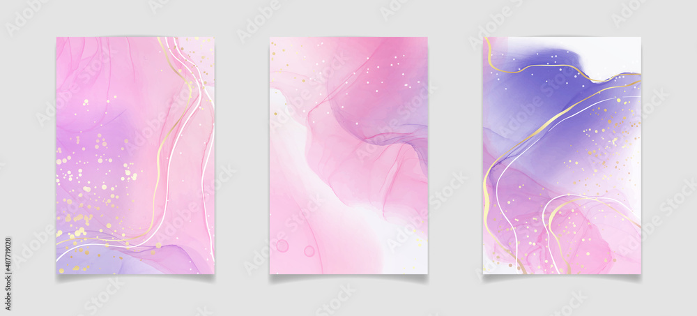 Purple rose and lavender liquid marble background with gold stripes and glitter dust. Pastel pink violet watercolor drawing effect. Vector illustration backdrop with gold splatter for wedding invite