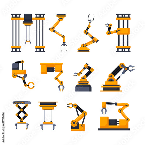 Robotic equipment for factory vector illustrations set. Robots arms or hands for manufacturing industry, technological revolution on white background. Technology, machinery, engineering concept