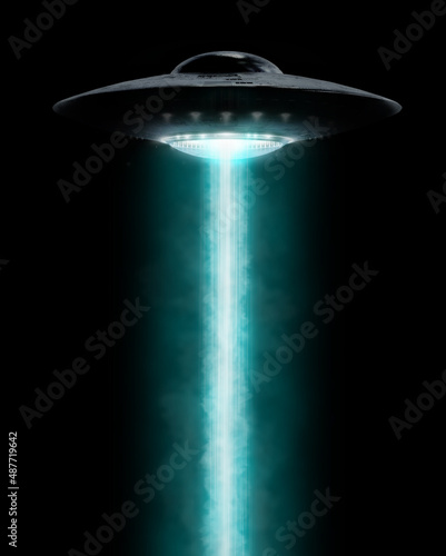 Fototapete UFO hovering with a light beam coming down