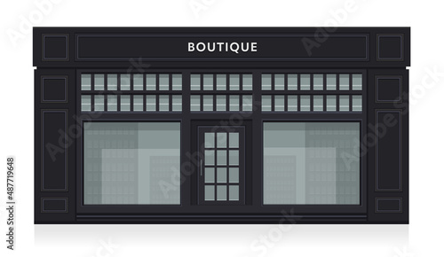Boutique shop store black color facade with showcases. Detailed stylish shop. Stylish exterior design of a street store. Flat style vector illustration. Modern building facade
