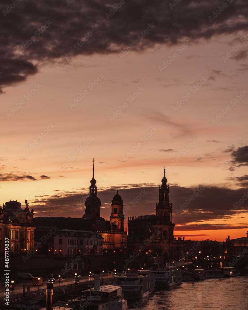 Dresden at sunset. View of Old Town architecture with Elbe river bank in Dresden, Saxony, Germany