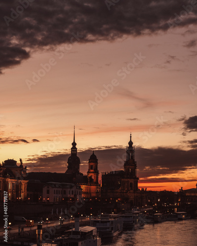 Dresden at sunset. View of Old Town architecture with Elbe river bank in Dresden, Saxony, Germany