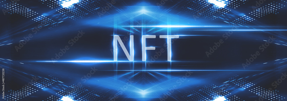 Fototapeta premium Collage signed with NFT token. Abstract NFT collage. EVERYDAYS: THE FIRST 5000 DAYS. Digital art, set of 3d illustrations. NFT concept, light rays, neon. 