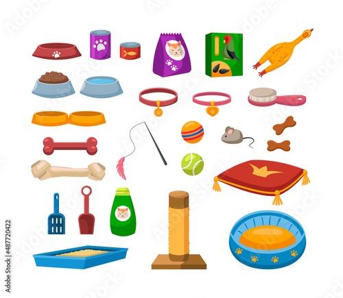 Food and accessories for pets vector illustrations set. Collection of different items for pet store, treats and toys for cats, dogs and birds isolated on white background. Domestic animals concept
