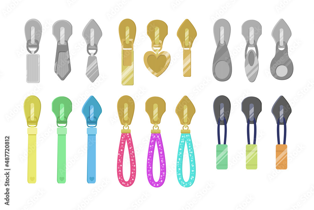 Modern zip sliders for clothes cartoon illustration set. Gold and silver zipper pullers with tassels for sportswear or leather backpacks. Fashion, metal accessories concept Modern zip sliders for clothes cartoon illustration set. Gold and silver zipper pullers with tassels for sportswear or leather backpacks. Fashion, metal accessories concept