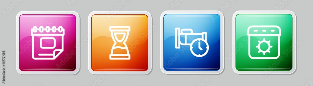 Set line Calendar, Old hourglass, Time to sleep and summer. Colorful square button. Vector Set line Calendar, Old hourglass, Time to sleep and summer. Colorful square button. Vector