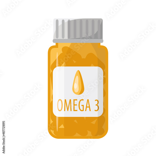 Omega 3. Fish oil. Yellow jar with omega 3 capsules. Food additive. Vector illustration isolated on a white background for design and web.