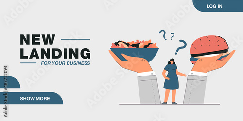 Woman between huge hands holding salad and hamburger. Girl choosing between healthy and unhealthy food flat vector illustration. Healthy lifestyle, diet, food concept for banner, website design