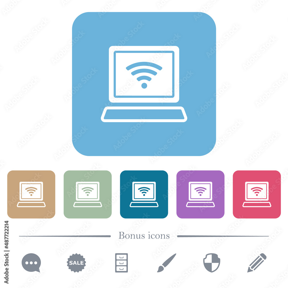 Laptop computer with wireless symbol alternate flat icons on color rounded square backgrounds