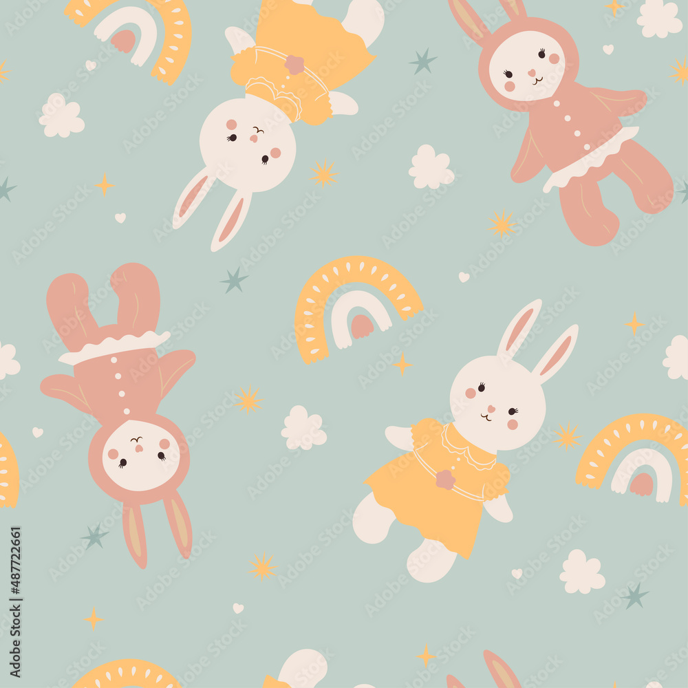 Seamless pattern with cute rabbits. Vector graphics.